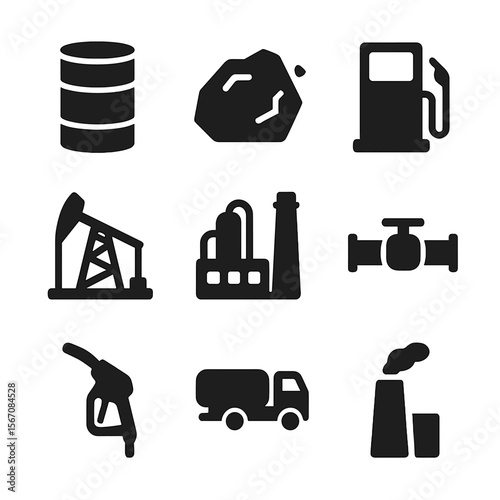 Fossil Fuel Icons. Solid, filled icon set of fossil fuel industry: oil barrel, coal lump, gas pump, drilling rig, refinery,