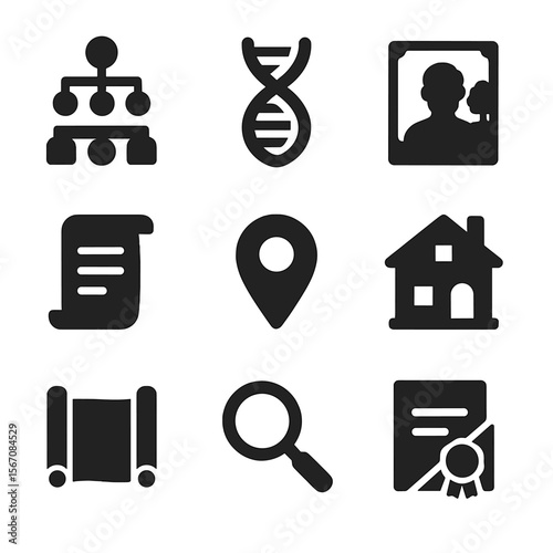 Heritage Icon Grid. Solid, filled icon set of heritage and genealogy: family tree, DNA helix, old photo, historical document, map