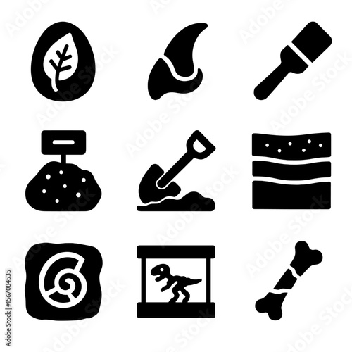 Fossil Icon Set. Solid, filled icon set of fossil and paleontology sections: fossilized leaf, dinosaur claw, excavation brush,