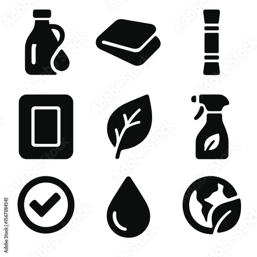 Eco-Friendly Cleaning Icons. Solid, filled icons set of eco-friendly switch cleaning: vinegar bottle, reusable