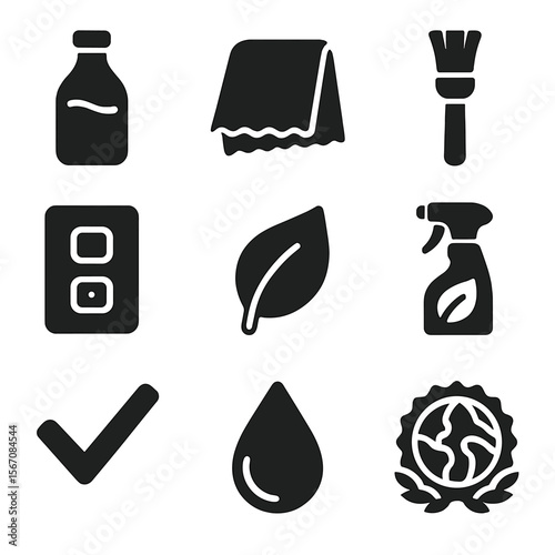 Eco-Friendly Cleaning Icons. Solid, filled icons set of eco-friendly switch cleaning: vinegar bottle, reusable