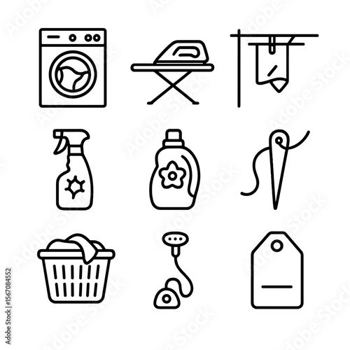 Fabric Care Icons. Outline icon set of fabric care and maintenance: washing machine with fabric, ironing board and iron,