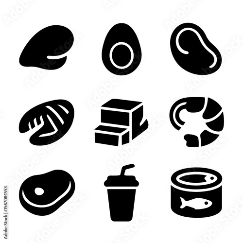 Low-Carb Protein Icons. Solid, filled icon set of low-carb protein sources: turkey breast, boiled egg, beef steak, salmon, tofu