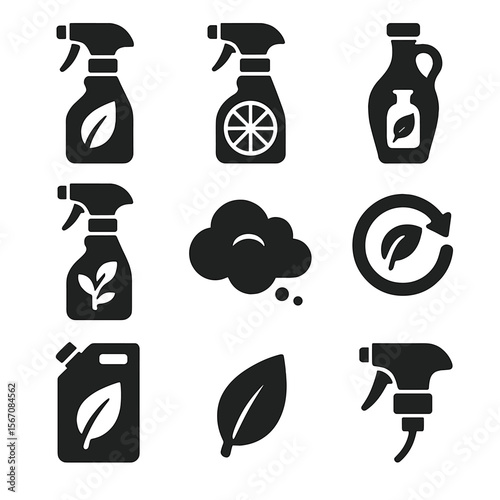 Eco-Friendly Cleaning Icons. Solid, filled icons set of non-toxic cleaning sprays: eco spray bottle, citrus