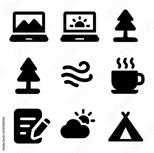 Scenic Laptop Icons. Solid, filled icons set of laptop with a view: mountain, sunrise, laptop, tree, breeze,
