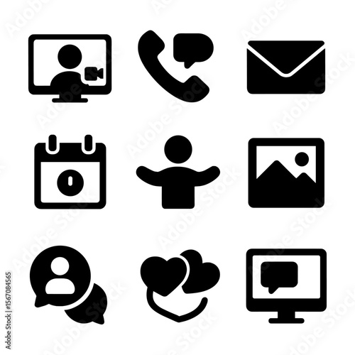 Long-Distance Support Icons. Solid, filled icon set of long-distance support: video call, phone chat, letter envelope, care