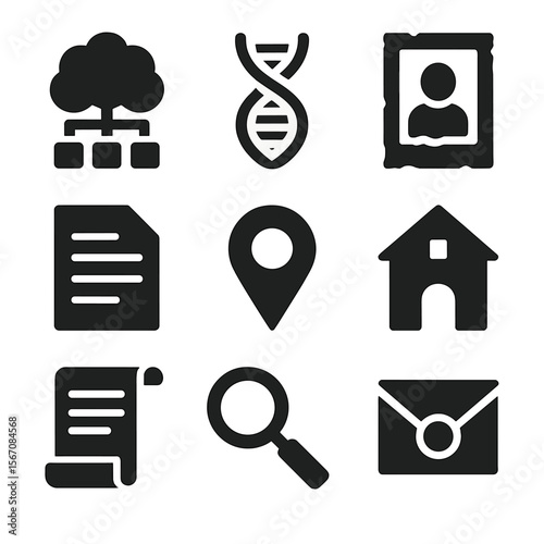 Heritage Icon Grid. Solid, filled icon set of heritage and genealogy: family tree, DNA helix, old photo, historical document, map