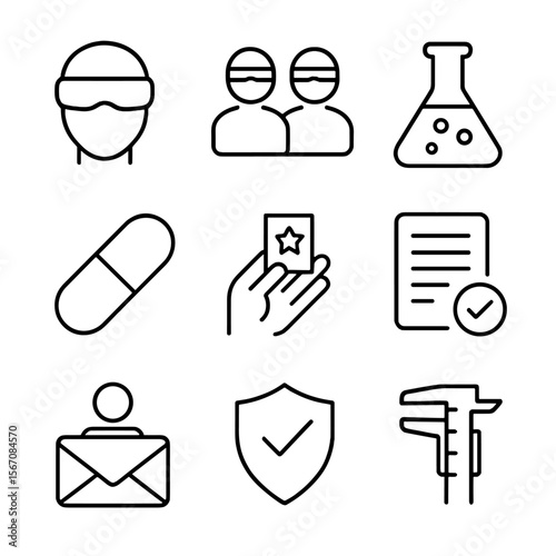 Experimental Design Icons. Outline icon set of experimental design and bias reduction: blind study mask, double-blind trial icon,