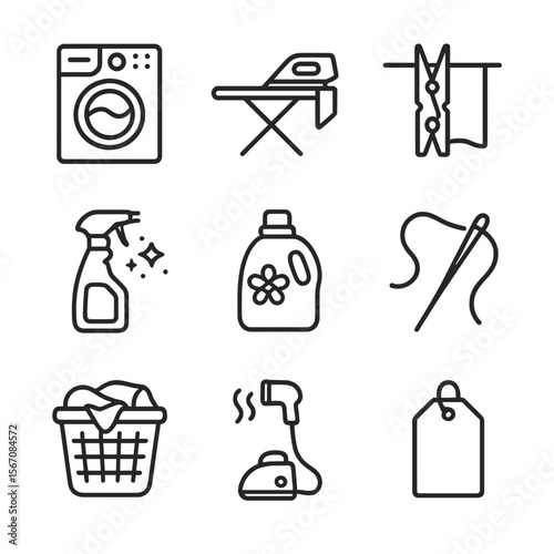 Fabric Care Icons. Outline icon set of fabric care and maintenance: washing machine with fabric, ironing board and iron,