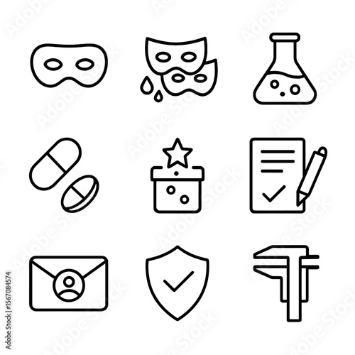 Experimental Design Icons. Outline icon set of experimental design and bias reduction: blind study mask, double-blind trial icon,
