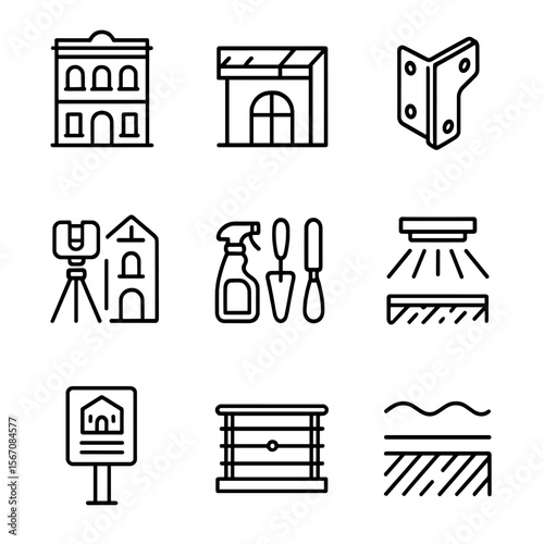 Facade Conservation Icons. Outline icon set of facade conservation with contemporary elements: historic facade outline, glass