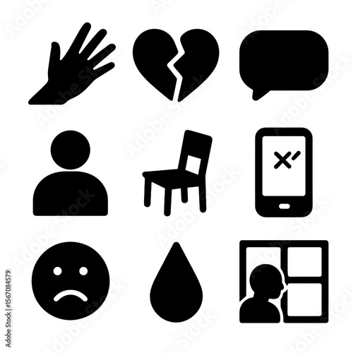 Icons of Loneliness. Solid, filled icon set of longing for connection: reaching hand, broken heart, empty message bubble, distant