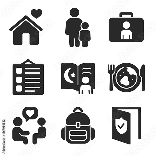 Foster Care Icon Set. Solid, filled icon set of foster care essentials: foster home, foster parent, child suitcase, daily routine
