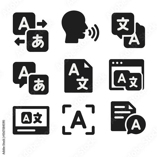 Translation Mode Icons. Solid, Filled icon set of translation modes: text-to-text, speech-to-text, text-to-speech, real-time