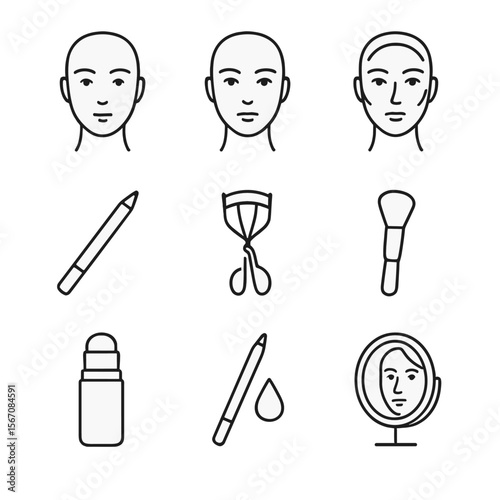 Facial Enhancement Icons. Outline icon set of facial feature enhancement before and after: bare face outline, contoured face