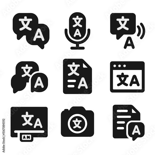 Translation Mode Icons. Solid, Filled icon set of translation modes: text-to-text, speech-to-text, text-to-speech, real-time