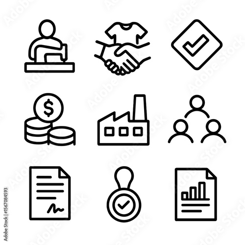 Fair Trade Icons. Outline icon set of fair trade and labor practices: worker silhouette at sewing machine, handshake with garment,