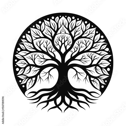 Black and white illustration of a stylized tree of life roots branches