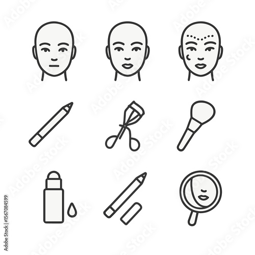 Facial Enhancement Icons. Outline icon set of facial feature enhancement before and after: bare face outline, contoured face