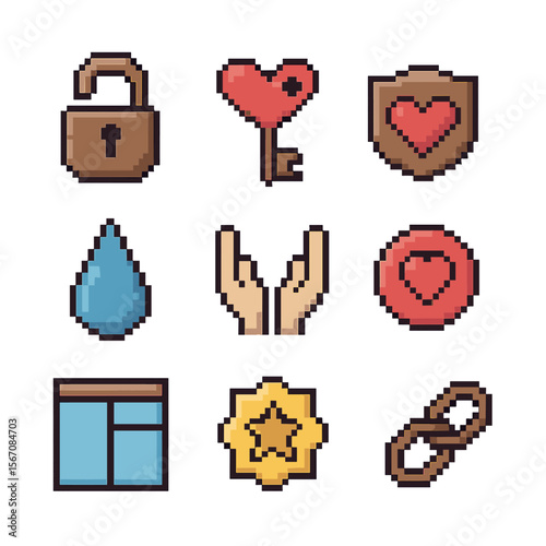 Trust Icon Set. Pixel art icon set of trust and vulnerability: open lock, heart key, shield with heart, tear drop, open hands,