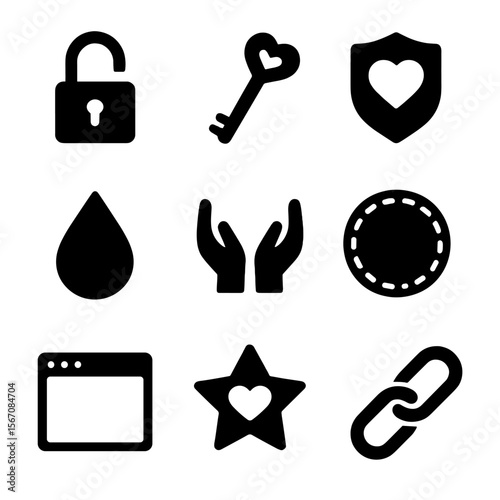 Trust Icon Collection. Solid, Filled icon set of trust and vulnerability: open lock, heart key, shield with heart, tear drop, open