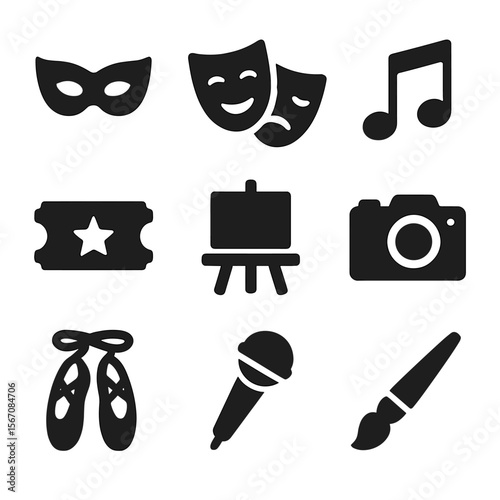March Cultural Icons. Solid, filled icon set of March cultural events: parade mask, theater mask, music notes, festival ticket,