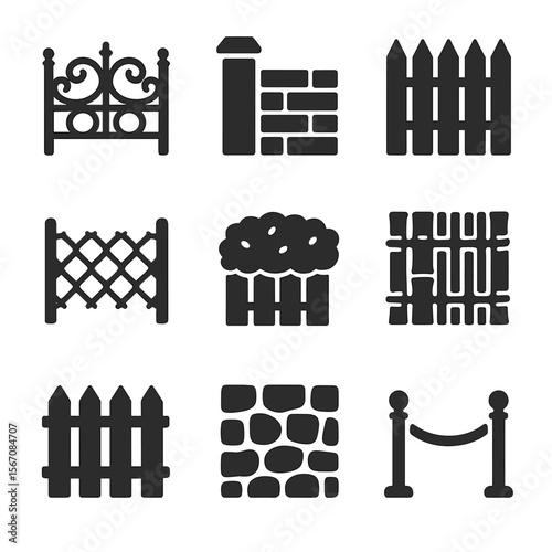 Historic Fences Icons. Solid, filled icon set of historic fences: wrought iron scroll, stone pillar, wooden palisade, chain link