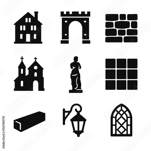Historic Architecture Icons. Solid, filled icon set of preserved architecture photography: historic house, ancient gate, stone