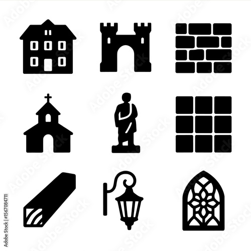 Historic Architecture Icons. Solid, filled icon set of preserved architecture photography: historic house, ancient gate, stone