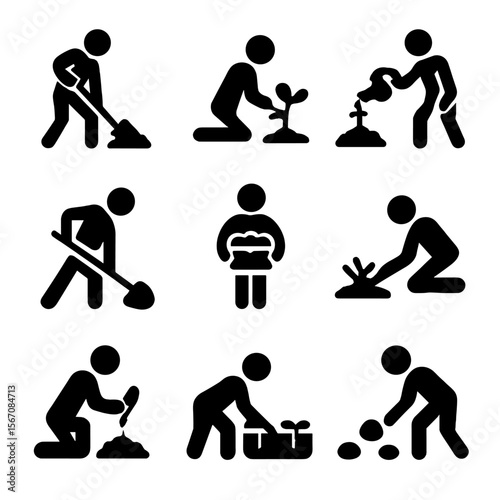 Manual Field Work Icons. Solid, filled icon set of manual field work: digging, planting, watering, hoeing, carrying basket,