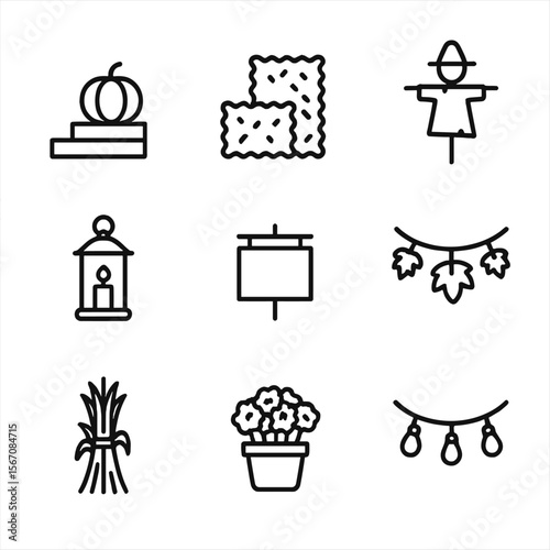 Fall Porch Icons. Outline icon set of outdoor fall porch and entryway decor: pumpkin on step, hay bale stack, scarecrow silhouette
