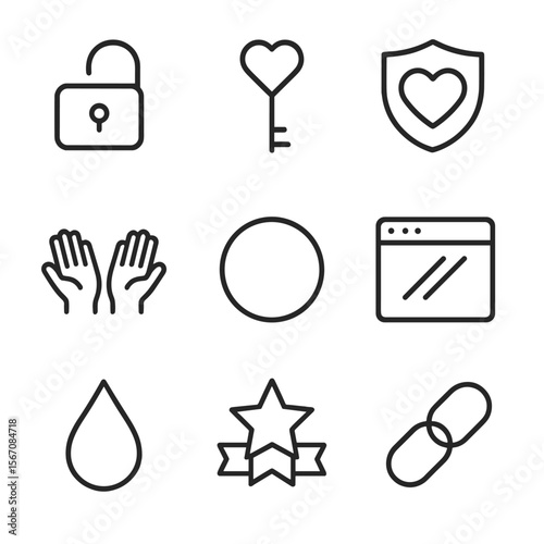 Trust Icon Set. Outline icon set of trust and vulnerability: open lock, heart key, shield with heart, tear drop, open hands, safe
