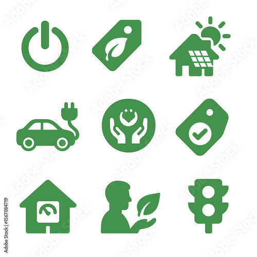 Eco-Friendly Icons Grid. Solid, filled icons set of green consumer choices: energy switch, eco label,