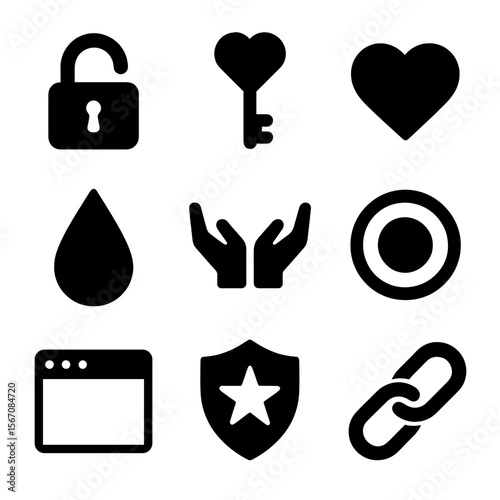 Trust Icon Collection. Solid, Filled icon set of trust and vulnerability: open lock, heart key, shield with heart, tear drop, open
