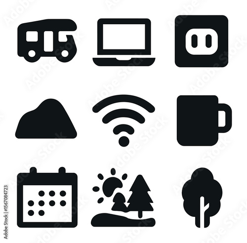 Vanlife Work Icons. Solid, filled icons set of working from van: camper van, laptop, power outlet, wifi, hill,