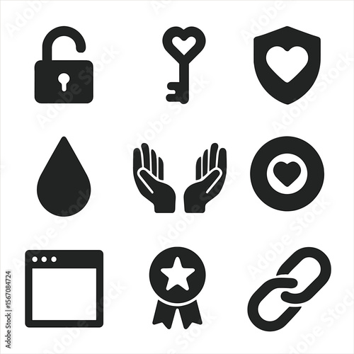 Trust Icons Grid. Flat icon set of trust and vulnerability: open lock, heart key, shield with heart, tear drop, open hands, safe