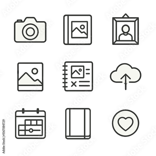 Family Memory Icons. Outline icon set of family memory documentation: camera, photo album, framed portrait, instant photograph,