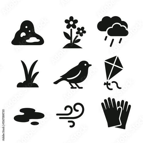 March Seasonal Icons. Solid, filled icon set of March seasonal symbols: melting snow, early flowers, rain clouds, green shoots,