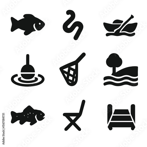 Freshwater Fishing Icons. Solid, filled icon set of freshwater fishing: lake fish, worm bait, small boat, bobber splash, fishing