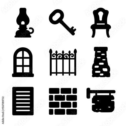 Historic Home Icon Set. Solid, filled icon set of historical abandoned homes: vintage lamp, old key, antique chair, classic window