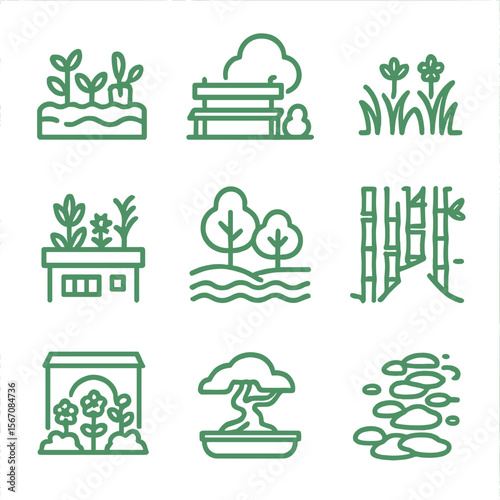 Tucked-Away Green Spaces Icons. Outline icon set of tucked-away green spaces: community garden plot, pocket park bench, urban