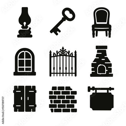Historic Home Icon Set. Solid, filled icon set of historical abandoned homes: vintage lamp, old key, antique chair, classic window