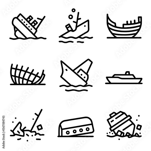 Famous Shipwreck Icons. Outline icon set of famous shipwrecks: Titanic wreck, RMS Lusitania, Mary Rose hull, Vasa ship remains,