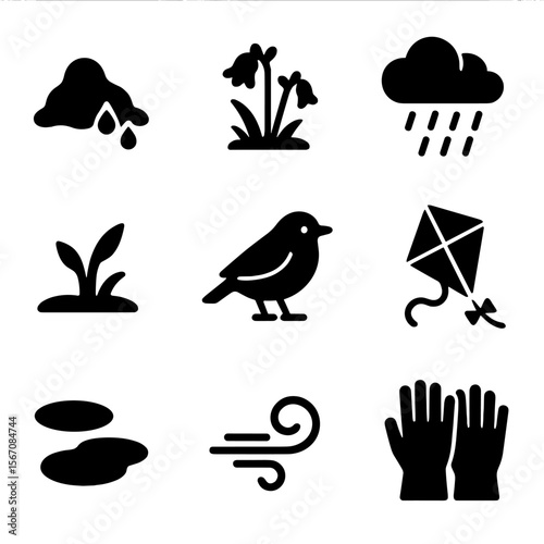 March Seasonal Icons. Solid, filled icon set of March seasonal symbols: melting snow, early flowers, rain clouds, green shoots,