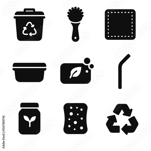 Eco-Friendly Kitchen Icons. Solid, filled icons set of eco-friendly kitchen cleanup: compost bin, bamboo brush
