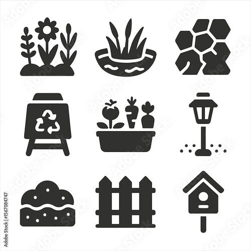 Eco-Friendly Landscaping Icons. Solid, filled icons set of eco-conscious home landscaping: native plants, rain