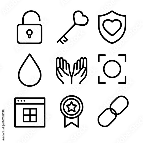 Trust Icon Set. Outline icon set of trust and vulnerability: open lock, heart key, shield with heart, tear drop, open hands, safe