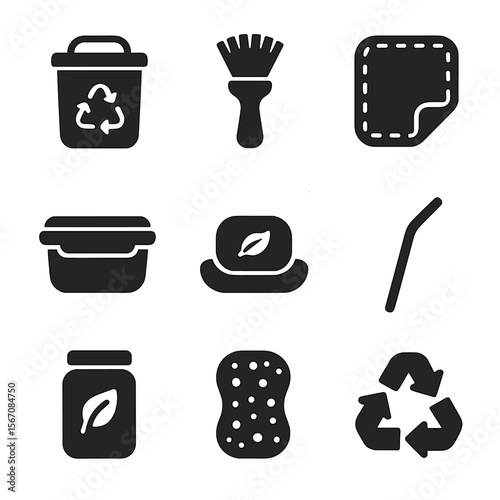 Eco-Friendly Kitchen Icons. Solid, filled icons set of eco-friendly kitchen cleanup: compost bin, bamboo brush