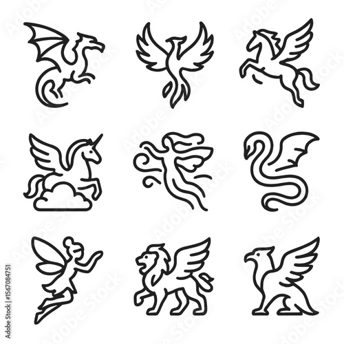 Fantasy Creature Icons. Outline icon set of fantasy creatures in flight: dragon silhouette, phoenix rising, pegasus wing, unicorn