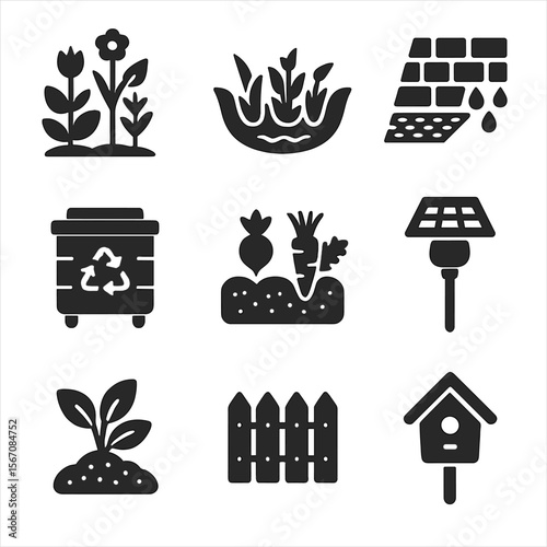 Eco-Friendly Landscaping Icons. Solid, filled icons set of eco-conscious home landscaping: native plants, rain